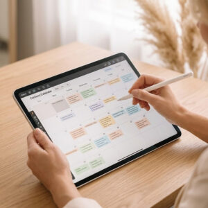 Vrouw bereidt een content kalender meeting voor.