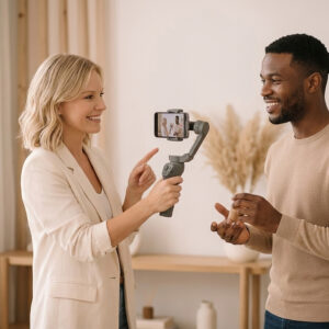 Vrouw doet een reels shoot met ondernemer.