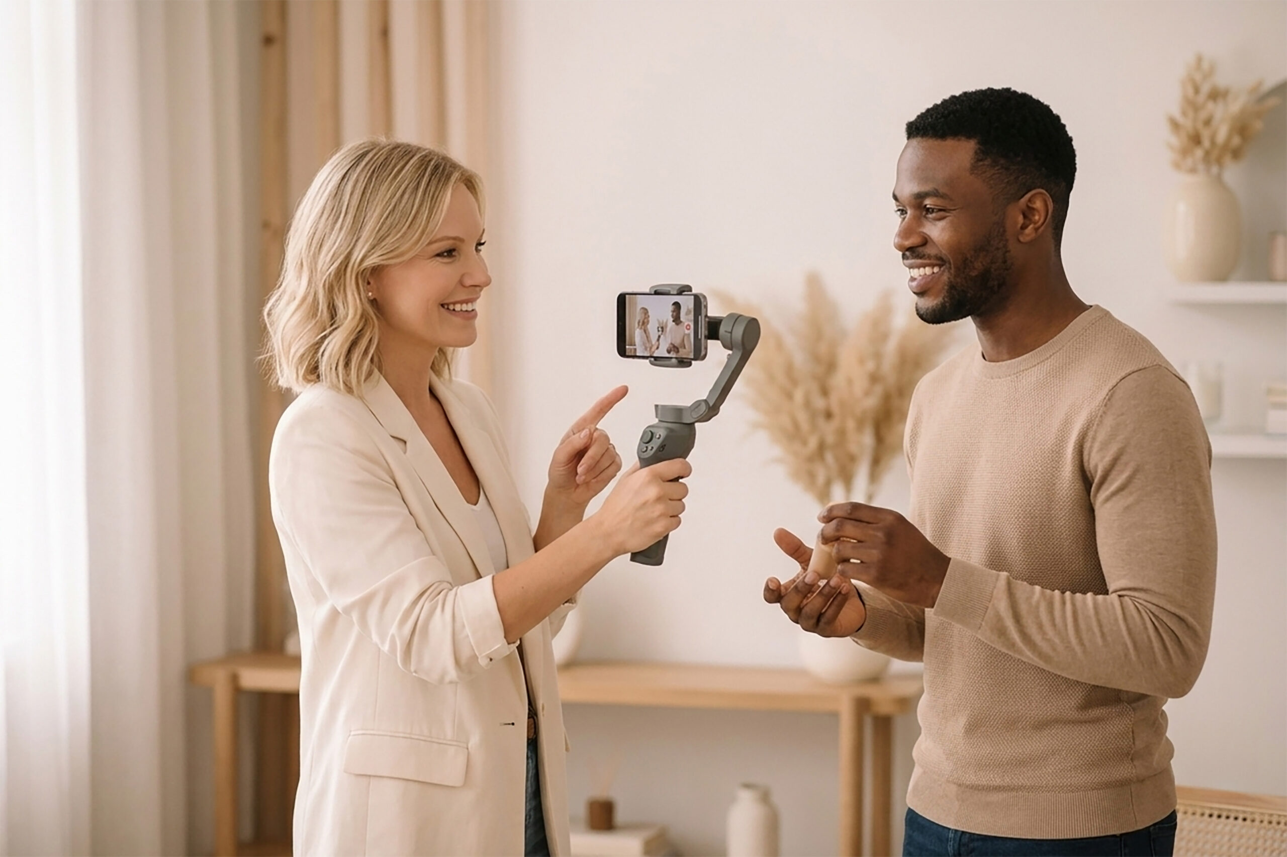 Vrouw doet een reels shoot met ondernemer.