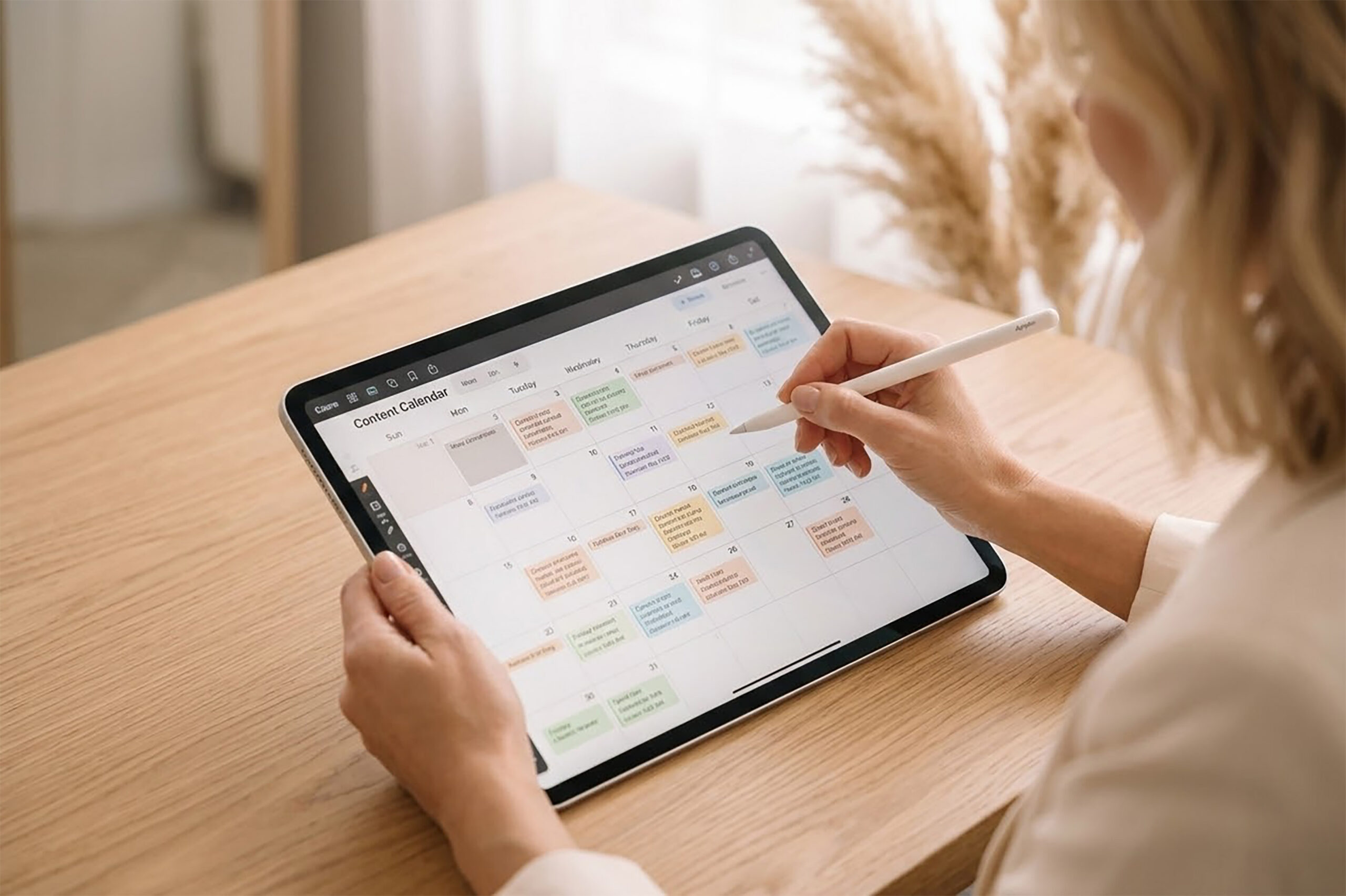 Vrouw bereidt een content kalender meeting voor.