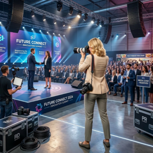 Vrouw doet aan eventfotografie op een netwerkevent.