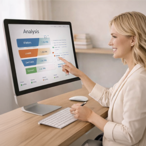 Vrouw analyseert de funnel die de doelgroep doorloopt.