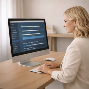 De vrouw voert een maandelijks onderhoud uit op een website van een klant.
