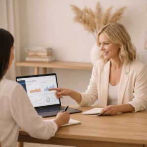 Vrouw bespreek de marketing audit met haar klant.