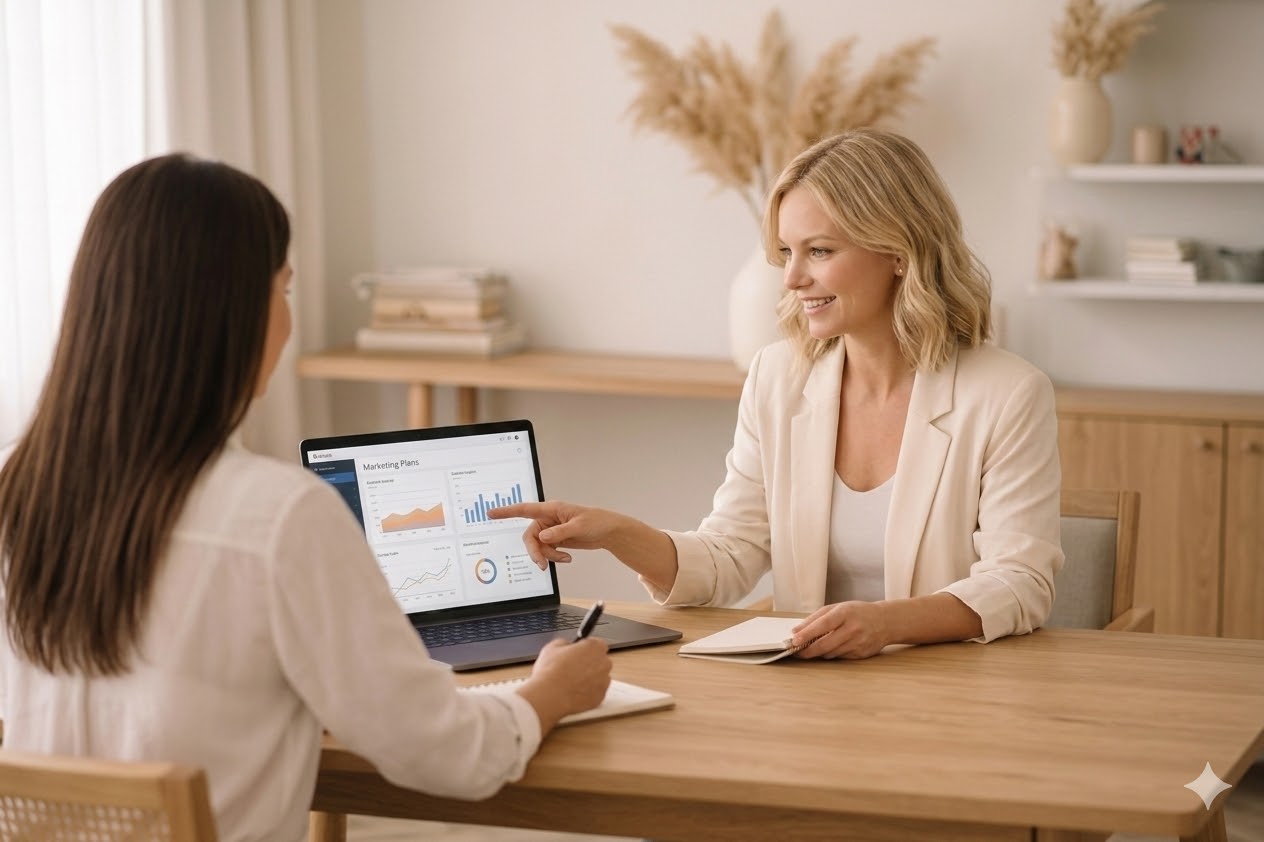 Vrouw bespreek de marketing audit met haar klant.