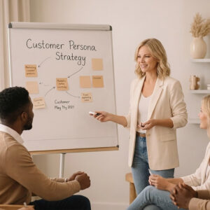 Vrouw stelt de customer journey mapping voor.