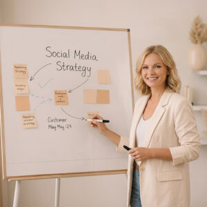 Vrouw doet een analyse van social media en geeft daarna advies.