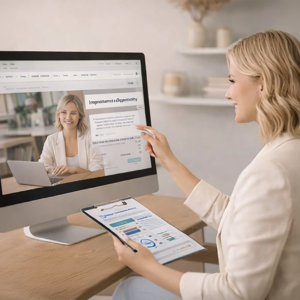 Vrouw auditeert website van klant. En maakt een advies op.