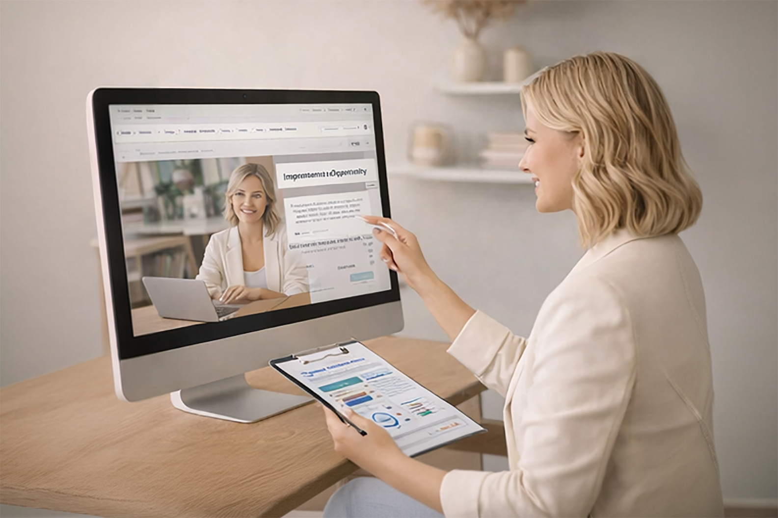 Vrouw auditeert website van klant. En maakt een advies op.